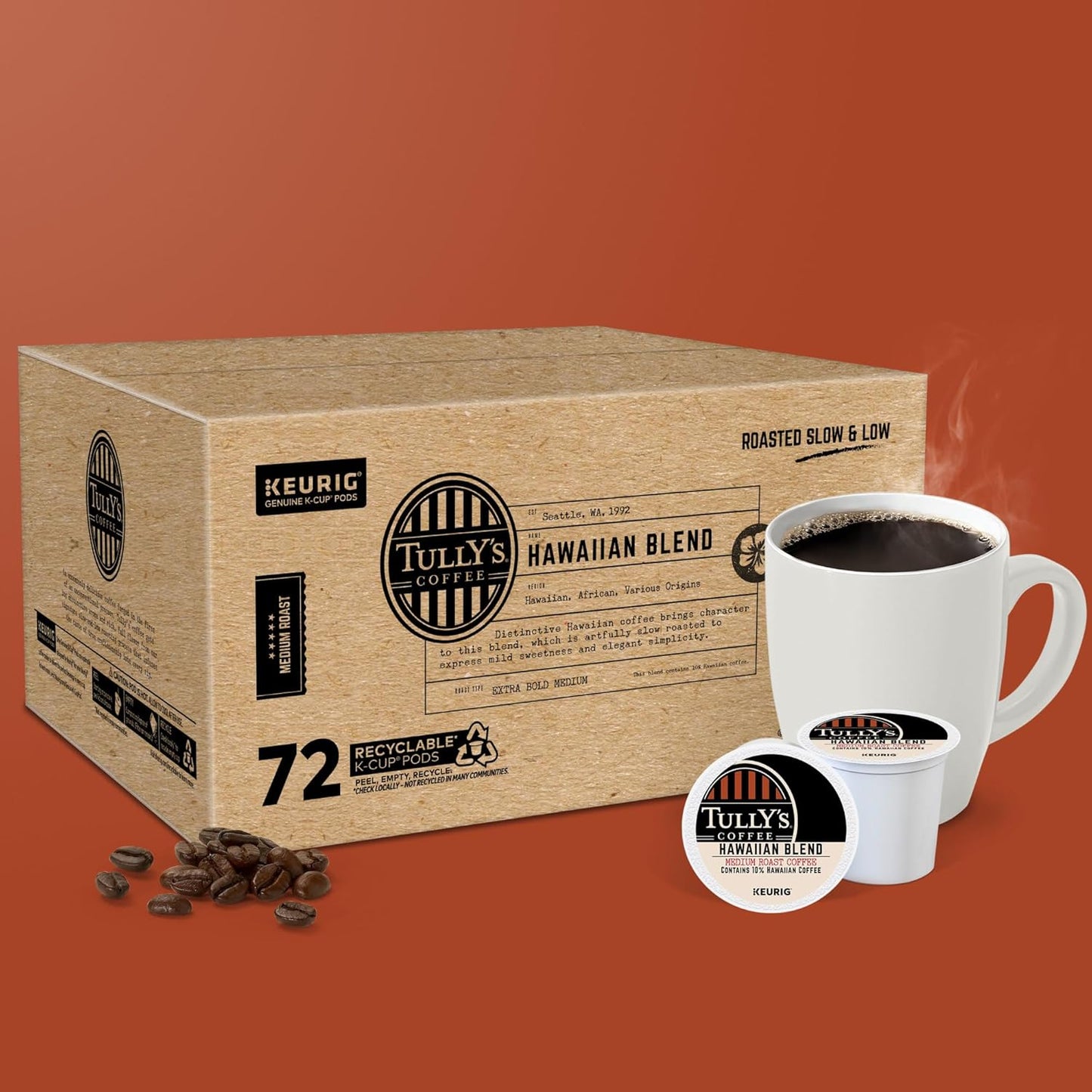 Tully's Coffee Hawaiian Blend K-Cup Pods - Medium Roast, 72 Count | Perfect for Keurig Machines