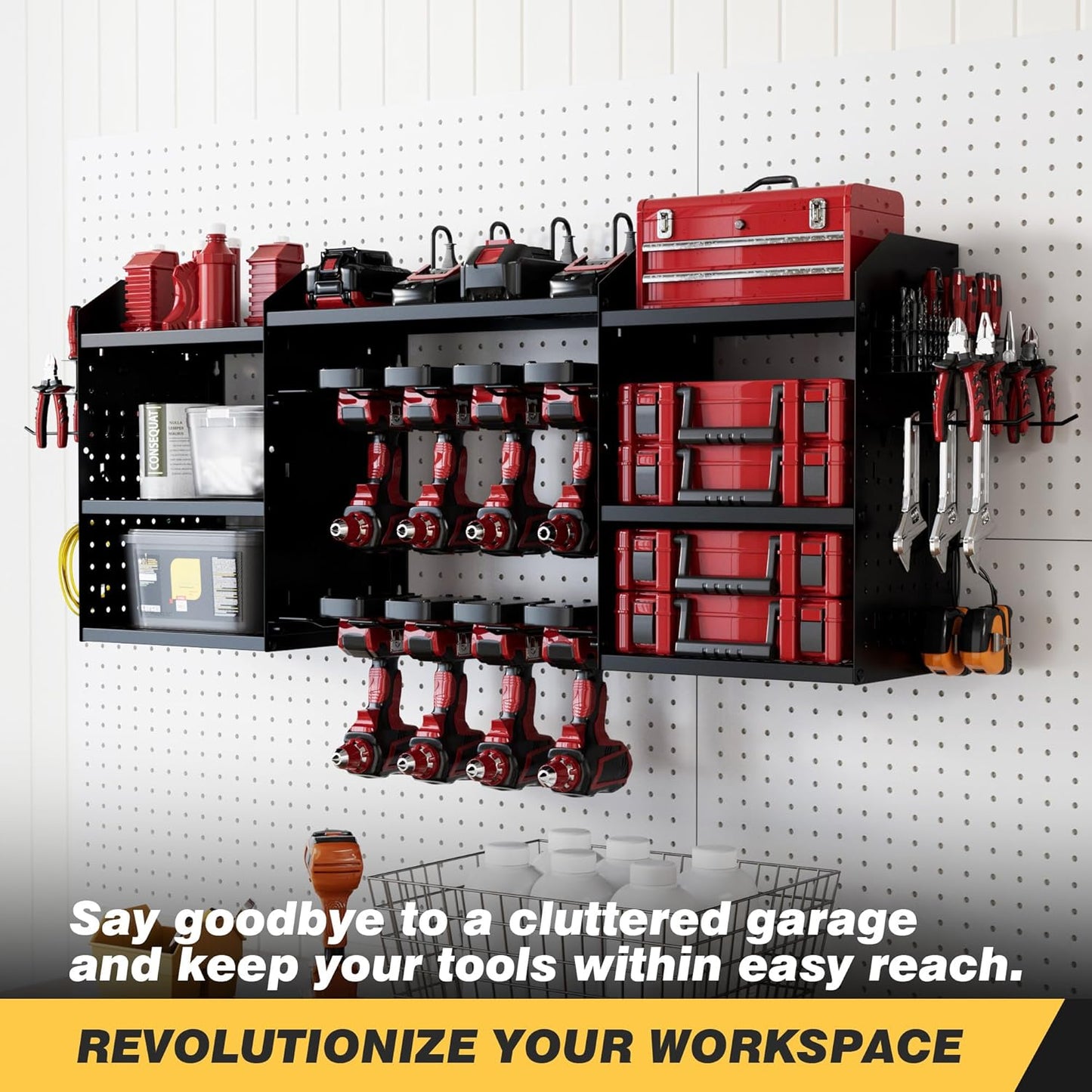 Power Tool Organizer - Heavy-Duty Wall Mount Storage Rack with Charging Station & 8 Outlet Power Strip | 51 Inch, 3 Tier, 8 Bin Shelves