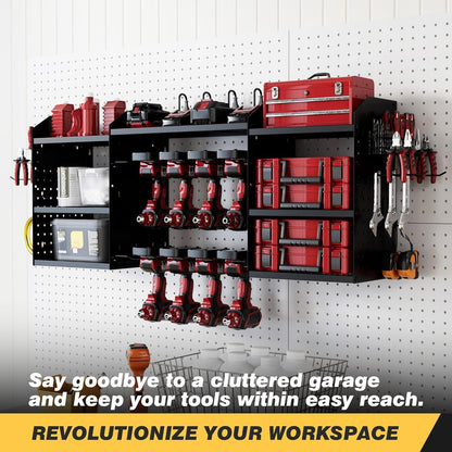 Power Tool Organizer - Heavy-Duty Wall Mount Storage Rack with Charging Station & 8 Outlet Power Strip | 51 Inch, 3 Tier, 8 Bin Shelves