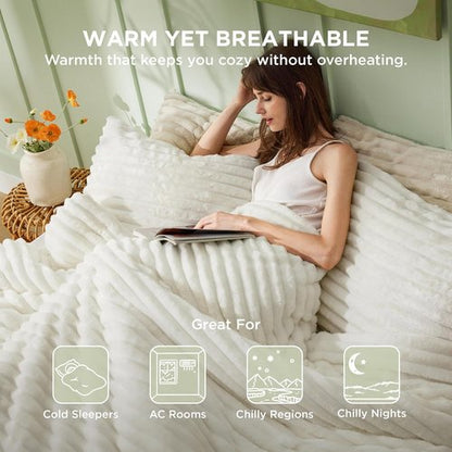 Bedsure Comforter Set - GentleSoft™ 3-Piece Double-Sided Fleece Queen Size Bedding, Cozy White & Striped Design, 90x90 Inches