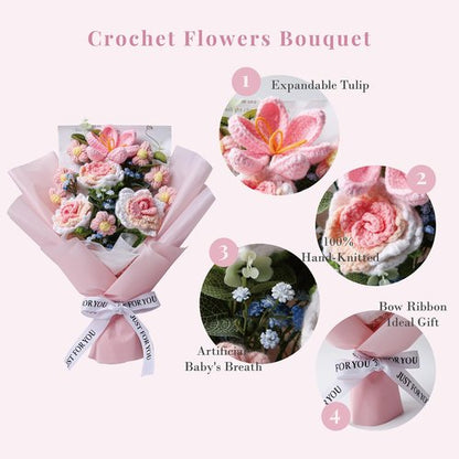 EZsenses Crochet Flower Bouquet, Handmade Knitted Rose Faux Crochet Flowers for Home Decor Valentine’s Day Anniversary Weddings Birthdays Mother’s Day, Includes Gift Bag and Greeting Card (Rose)