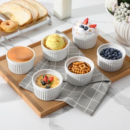 MALACASA Ramekins - 6 oz Oven Safe Porcelain Creme Brulee & Pudding Cups | Set of 6 White Baking Dishes