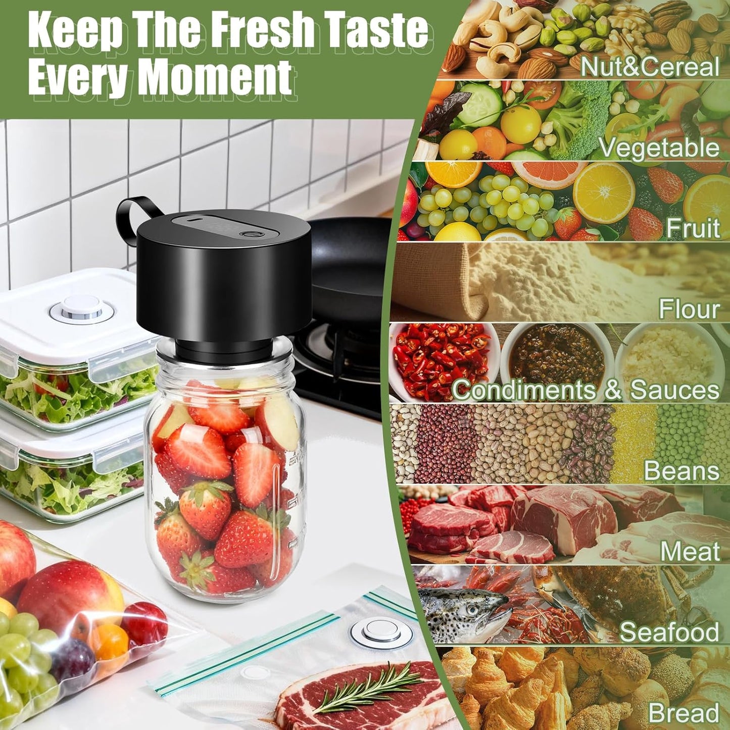 Skiennix Electric Mason Jar Vacuum Sealer Kit - Automatic Food Storage Sealing Machine | Cordless & Compatible with Wide/Regular Mouth Jars