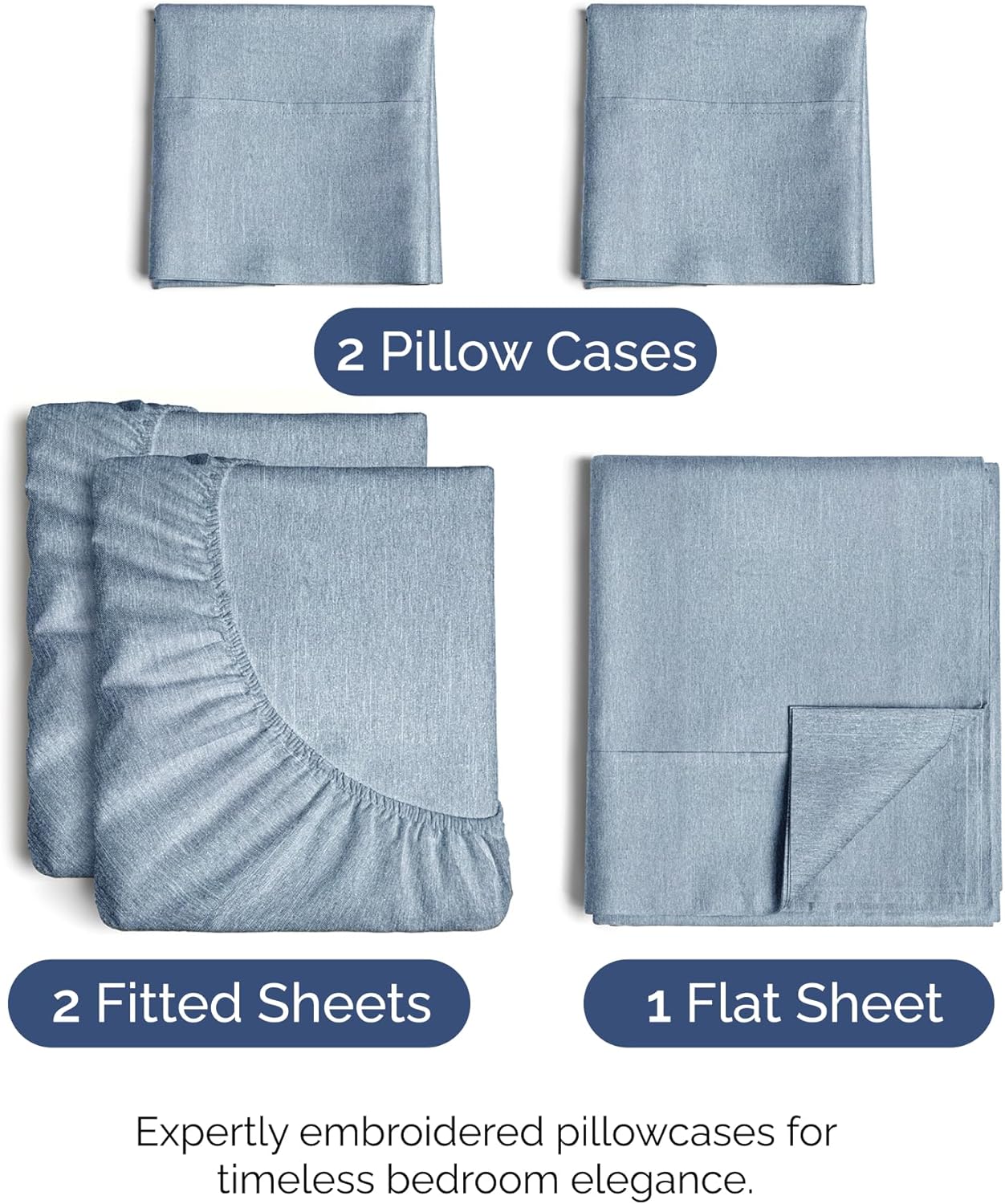 Split King Size Sheet Set by Regine Switzerland - Comfy, Breathable & Cooling Luxury Bedding - Deep Pockets, Wrinkle-Free - Blue Heathered