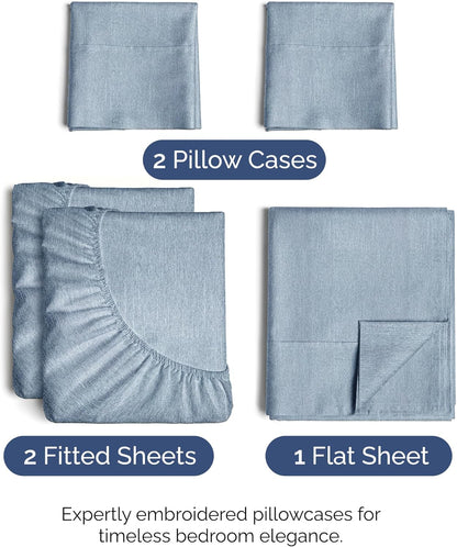 Split King Size Sheet Set by Regine Switzerland - Comfy, Breathable & Cooling Luxury Bedding - Deep Pockets, Wrinkle-Free - Blue Heathered
