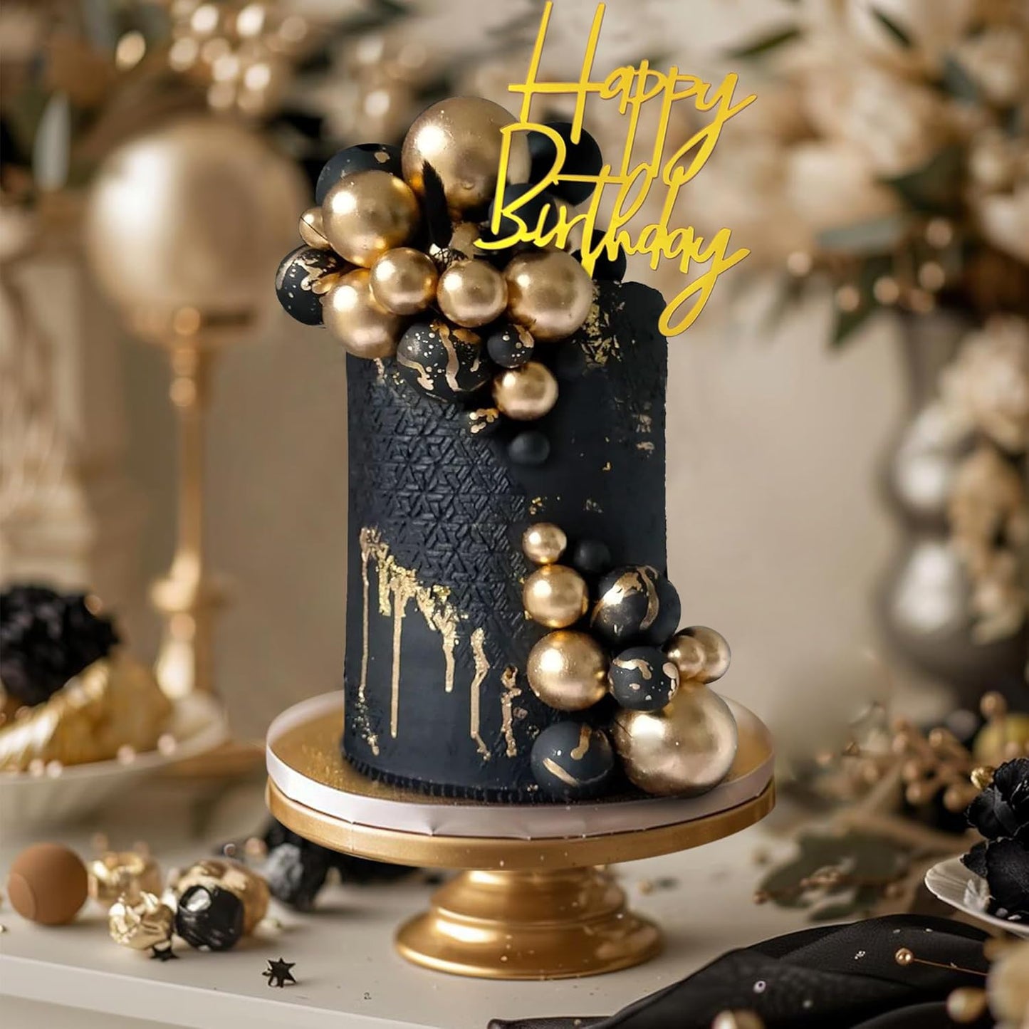 Skiennix 75 PCS Black and Gold Cake Decoration Set - Happy Birthday Inserts for DIY Parties
