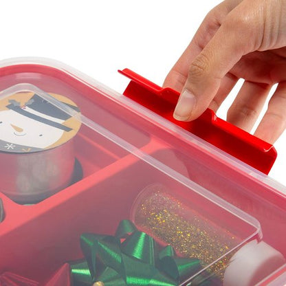 Gift Supply Storage Box by Simplify - 5 Compartment Design with Clear Top Lid | 2-Tier Red Box | 9.5” x 9.5” x 4.5”