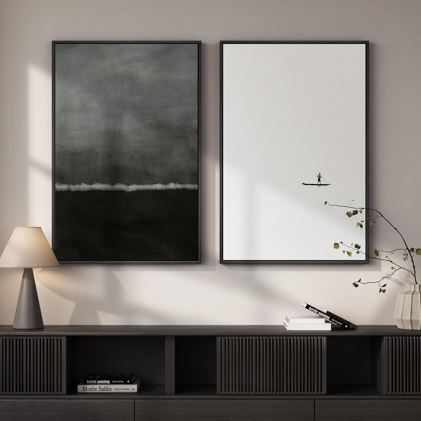 Skiennix Framed Black and White Abstract Wall Art - Large Set of 2 Minimalist Canvas Prints 24x36 In