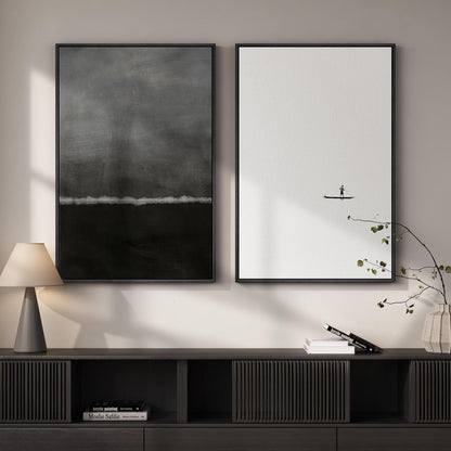 Skiennix Framed Black and White Abstract Wall Art - Large Set of 2 Minimalist Canvas Prints 24x36 In