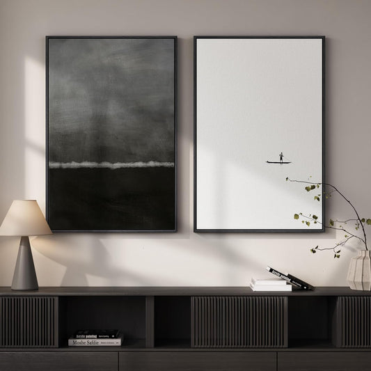 Skiennix Framed Black and White Abstract Wall Art - Large Set of 2 Minimalist Canvas Prints 24x36 In