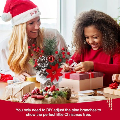 Hatisan Artificial Christmas Tree - Small Tabletop Design with Ornaments & Pine Cones | Red for Holiday Decor
