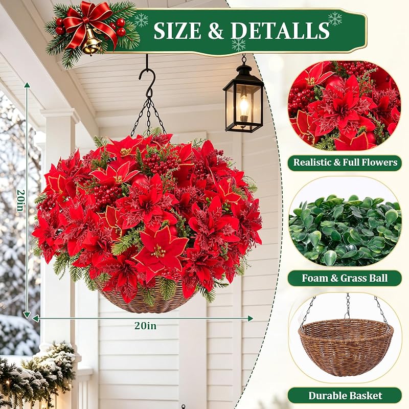 Artificial Velvet Poinsettia Hanging Baskets Outdoor 2-Pack - Red & Green