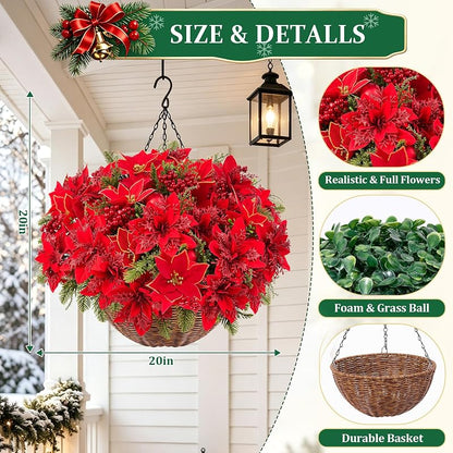 Artificial Velvet Poinsettia Hanging Baskets Outdoor 2-Pack - Red & Green