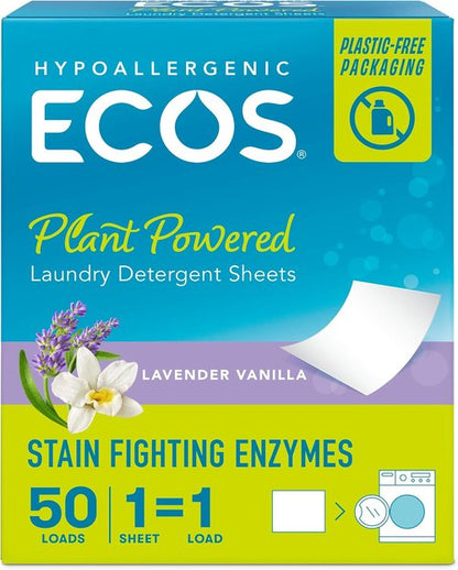ECOS Laundry Detergent Sheets Vegan, No Plastic Jug, No Mess & Liquid Free - Laundry Sheets in Washer - Hypoallergenic, Plant Powered Laundry Detergent Sheets - Lavender - 50 Sheets (Pack of 1)