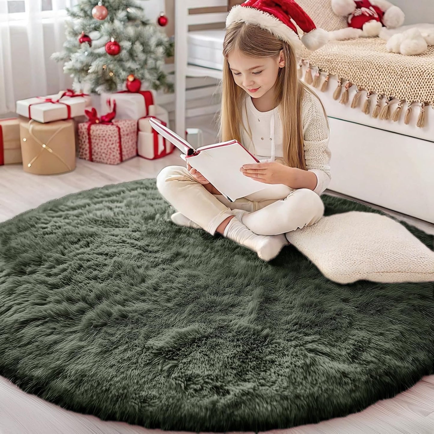 OLANLY Olive Green Round Rug - Soft, Fluffy Shaggy Carpet | 4 ft Machine Washable Area Rug for Bedroom & Living Room Decor