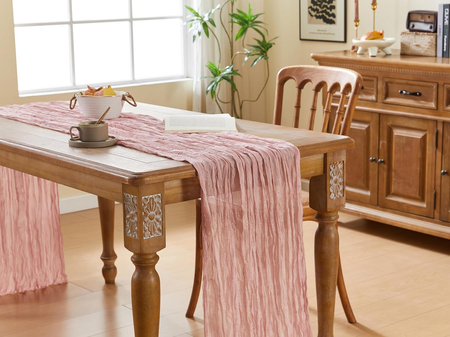 QINJIEJIE Table Runner - 120-Inch Boho Sheer Cheesecloth for Summer Decor | Dusty Pink
