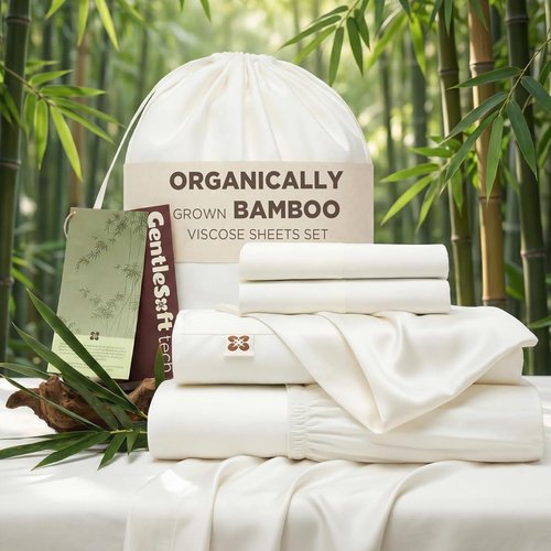 Bedsure 100% Organic Bamboo Viscose Queen Sheet Set - Cooling Luxury Bedsheets for Hot Sleepers | 18" Deep Pocket | Oeko-Tex Certified White
