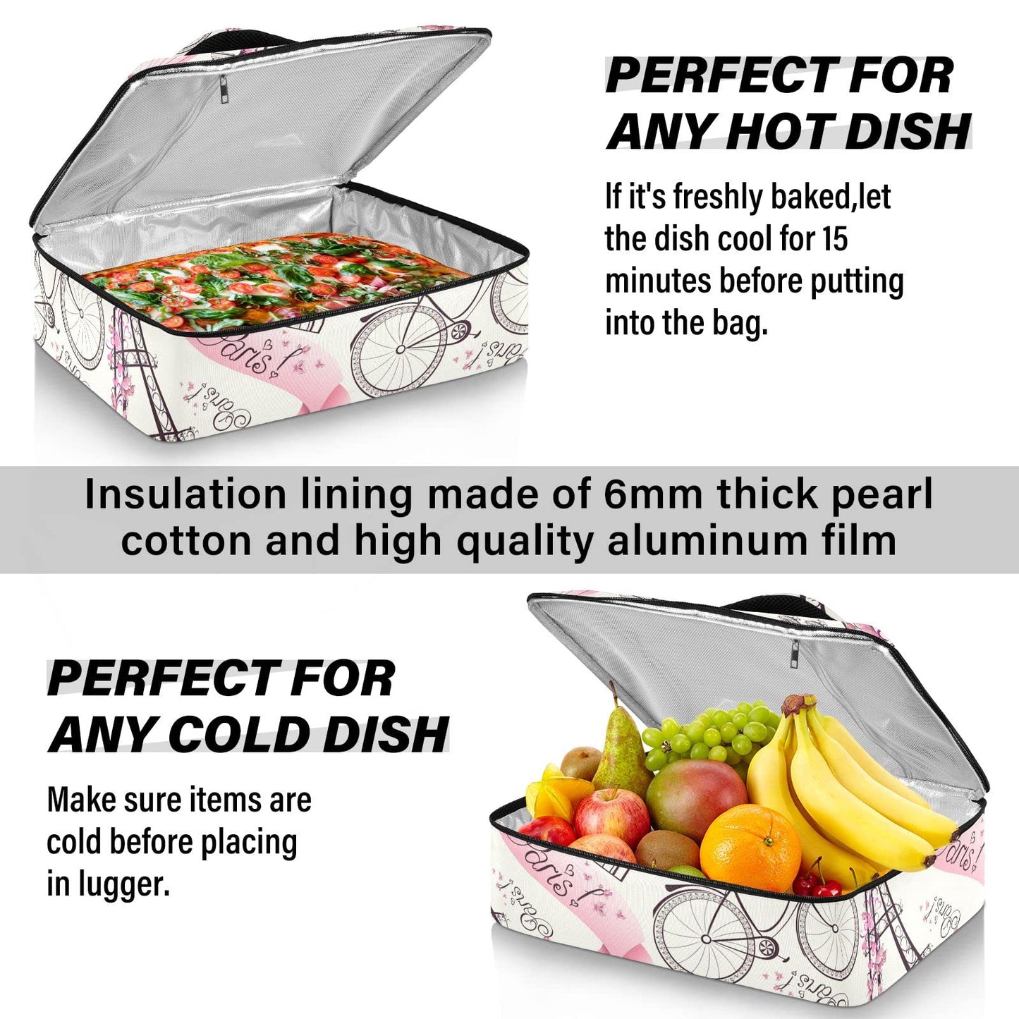 Kigai Beautiful Paris Eiffel Tower Bicycle Butterfly Insulated Casserole Carriers for Hot or Cold Food Storage, Perfect for Parties, Picnics, and Camping; Fits 9” x 13”Baking Dishes; Casserole Carryin