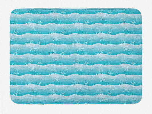 Ambesonne Nautical Bath Mat, Outline Starfish and Fishes on Ombre Effect Waves, Plush Bathroom Decor Mat with Non Slip Backing, 30.2" x 20", Pale Blue Blue