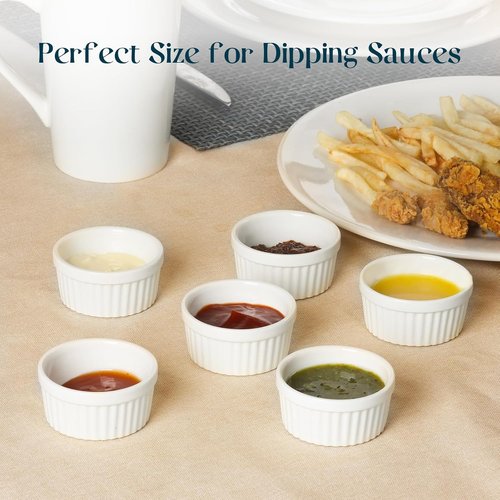 DOWAN Dipping Bowls - 1.5 Oz Mini Ramekins | Microwave & Oven Safe Porcelain Set of 6 - Soft White