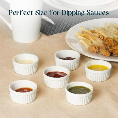 DOWAN Dipping Bowls - 1.5 Oz Mini Ramekins | Microwave & Oven Safe Porcelain Set of 6 - Soft White
