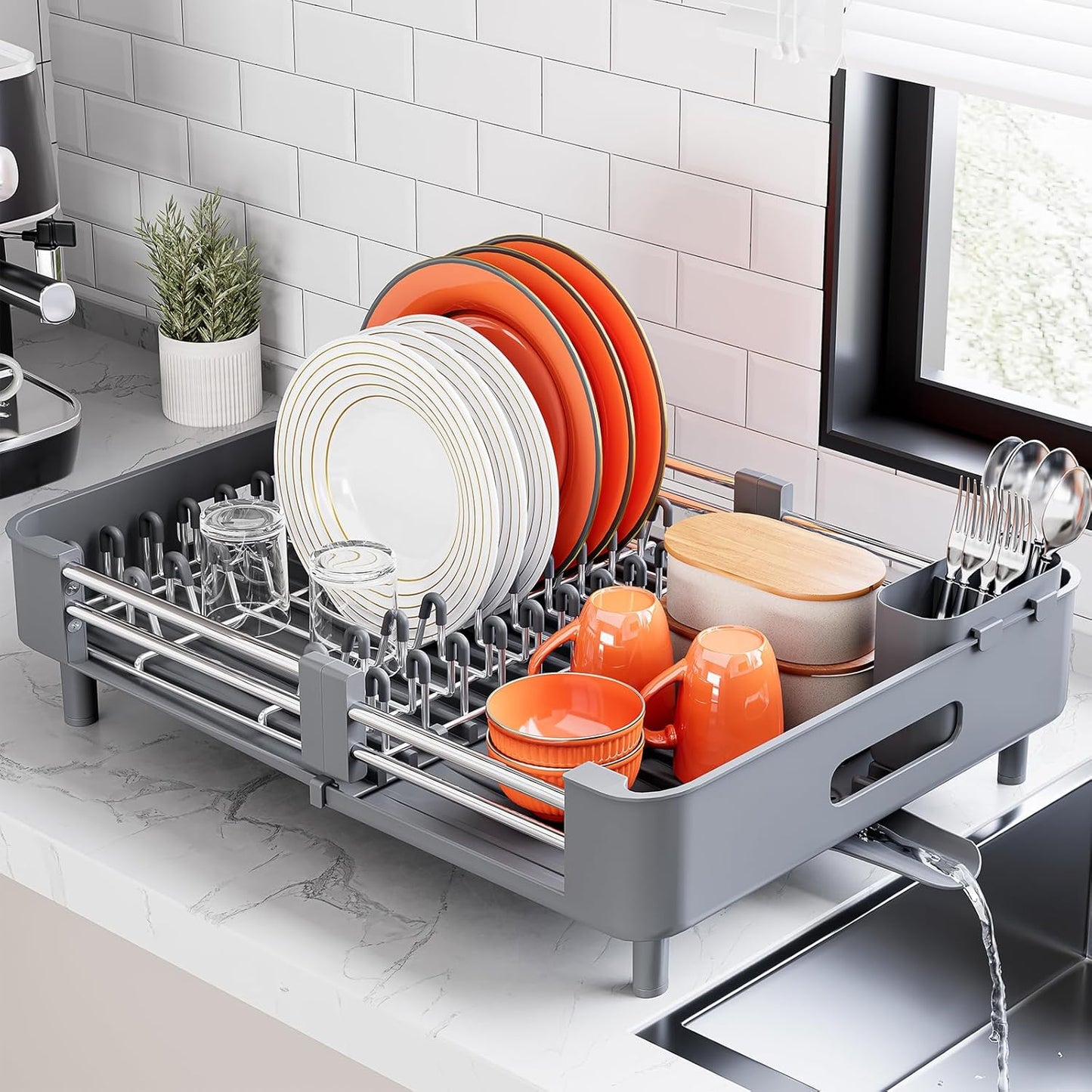 Skiennix Stainless Steel Dish Drying Rack - Space-Saving Kitchen Organizer with Extendable Drainboard & Foldable Design, Gray
