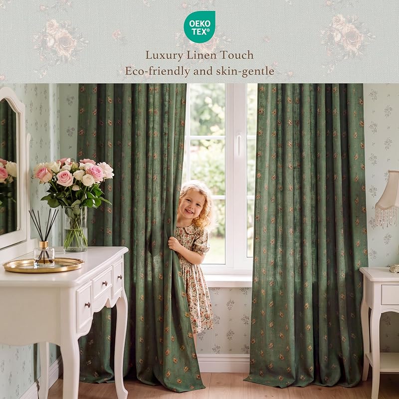 StangH Vintage Green Floral Linen Curtains 84-Inch Long, 2 Panels – Rose on Green Variation