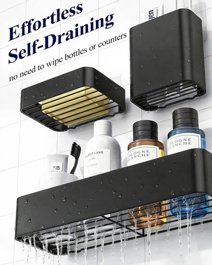 Kitsure Shower Caddy Adhesive - No-Drill Bathroom Organizer with Soap Holder & Hooks | Large Black 6-Pack