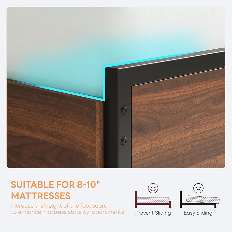 LIKIMIO Walnut Twin XL Bed Frame with DIY Storage Drawers & LED Headboard