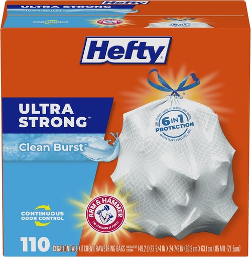 Hefty Ultra Strong 13 Gallon Trash Bags - Odor Control & Drawstring Closure | 110 Count, Clean Burst Scent