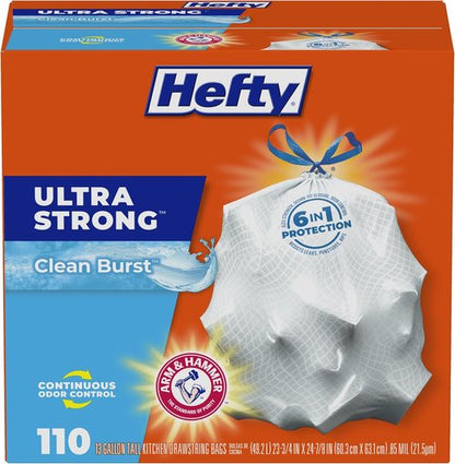 Hefty Ultra Strong 13 Gallon Trash Bags - Odor Control & Drawstring Closure | 110 Count, Clean Burst Scent