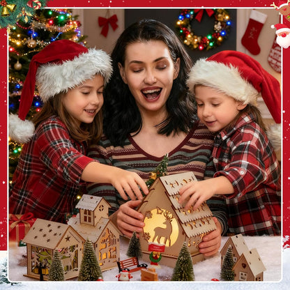 Skiennix 29-Piece Christmas Village Set - Lighted Wooden Houses with Miniature Trees & Ornaments
