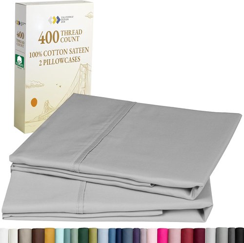 California Design Den Queen Pillowcase Set - 400 Thread Count, 100% Cotton Sateen, Soft & Breathable | Light Grey, Set of 2