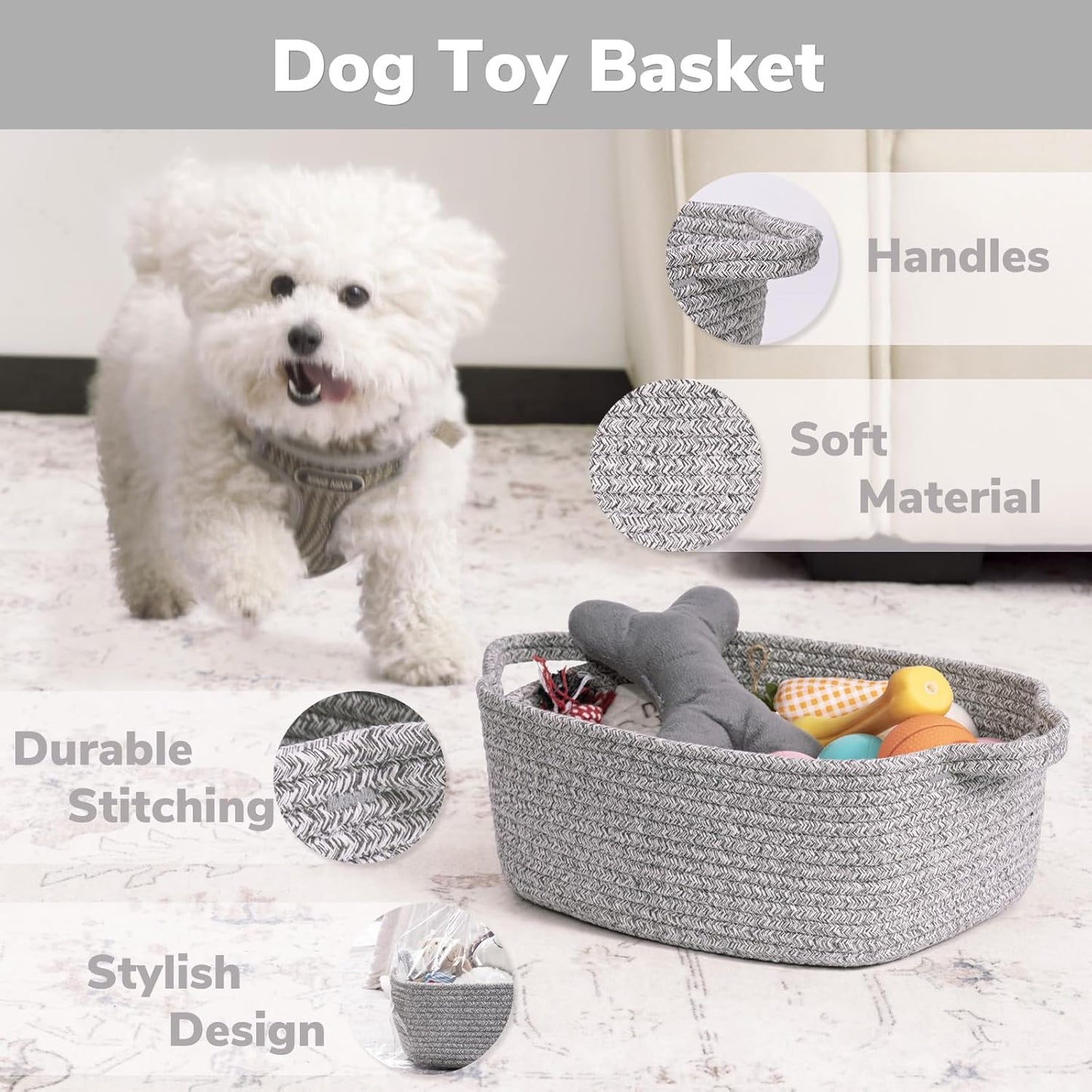 CHICVITA Decorative Gift Basket - Easter Basket for Kids | Woven Rope Toy Organizer, Grey, 13 x 9.8 x 5 Inches