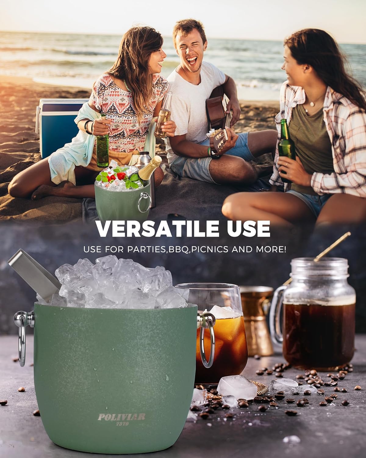 POLIVIAR Ice Bucket, 2.5L Double Wall Ice Bucket with Lid, Stainless Steel Ice Bucket with Tong & Strainer, Ice Bucket for Cocktail Bar, Home & Parties, JX2023-IBLG