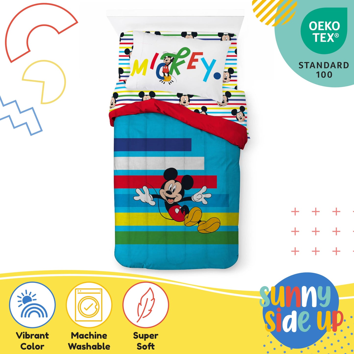 Sunny Side Up Disney Mickey Mouse Twin Comforter Set - 5 Piece Kids Bedding Includes Comforter, Sheets & Pillow Cover - Super Soft Microfiber Bed Set