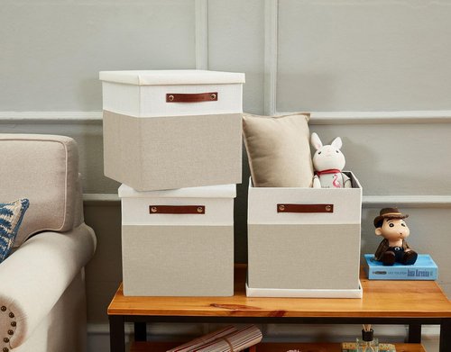 DECOMOMO Storage Basket - Fabric Box with Lid & Handles | Beige and White, 11” | 3 Pack