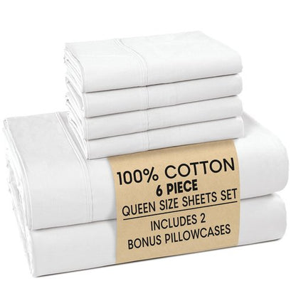 Casa Platino Queen Sheets Set –100% Cotton Queen Sheets with 4 Pillowcases, Lightweight Feel & Secure Fit, Crisp & Breathable Percale Weave with 15" Deep Pocket, Soft and Cozy – Pure White