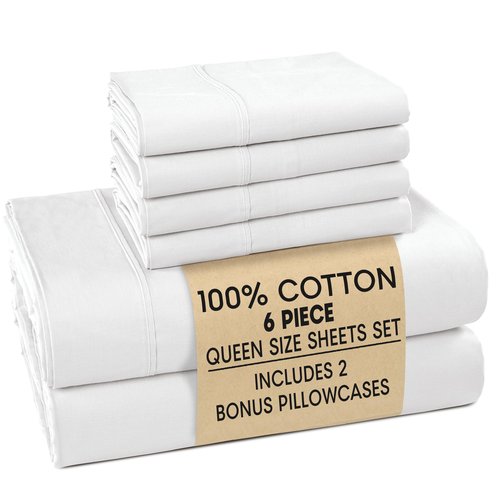 Casa Platino Queen Sheets Set –100% Cotton Queen Sheets with 4 Pillowcases, Lightweight Feel & Secure Fit, Crisp & Breathable Percale Weave with 15" Deep Pocket, Soft and Cozy – Pure White