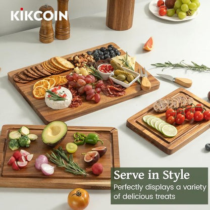 Kikcoin Wooden Cutting Boards Set - 3 PCS Kitchen Chopping Boards with Holder & Juice Groove