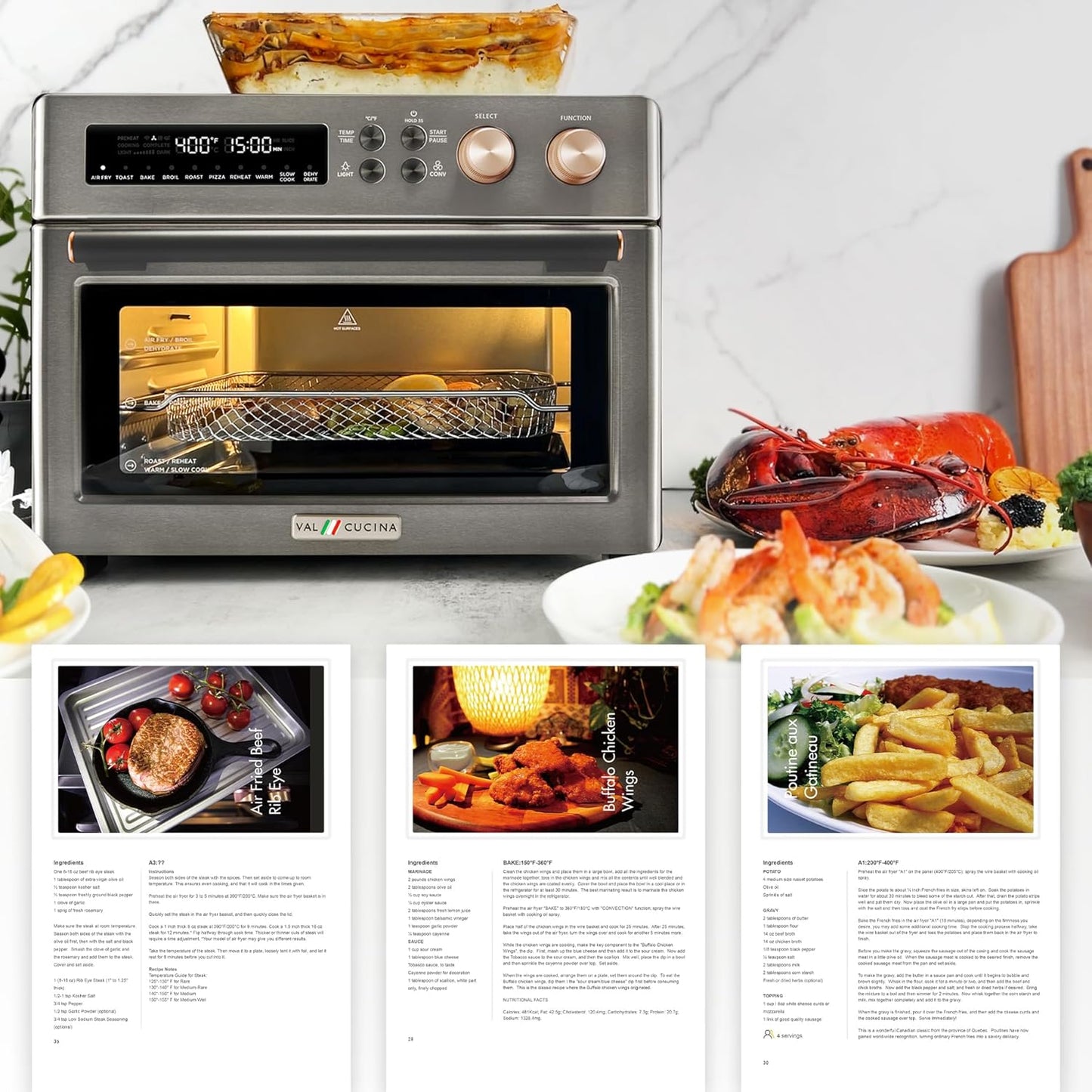 VAL CUCINA Infrared Heating Air Fryer Toaster Oven - Extra Large 10-in-1 Convection Oven, Black Matte Stainless Steel