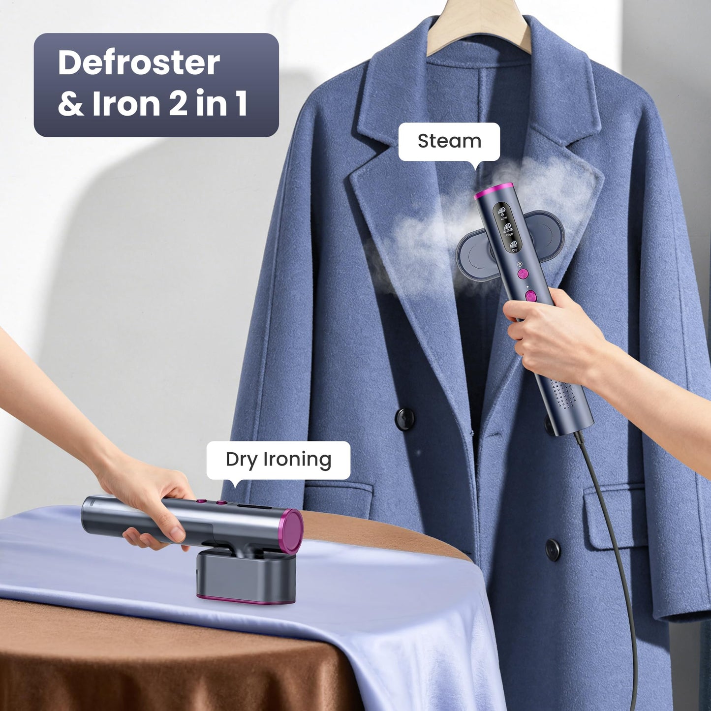 Steamer Clothes Clothing Handheld Garment - for Hand Held Steamers Travel Steam Genie Portable Curtain Vacuum Vertical Cloth，90° Automatic Rotation Function, 3 Gear Settings，Safety Protection System