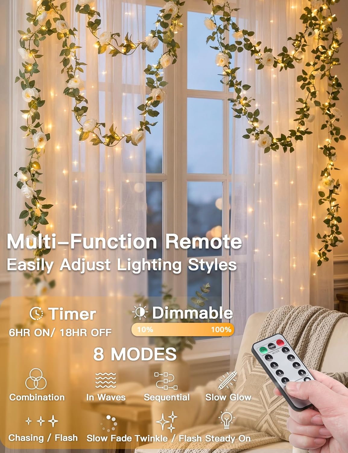 Suddus Flower Garland - 60 LED White Camellia Fairy Lights | Battery Operated with Remote for Indoor Decor