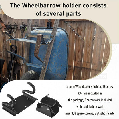 Wheelbarrow Storage Bracket - Heavy Duty 90 lbs Capacity Hook with Spring Loaded Safety Latch