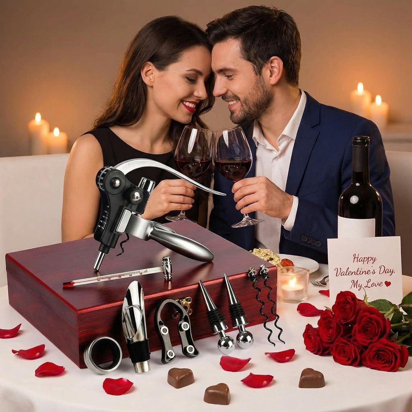 Valentines Day Gifts, 9 PCS Corkscrew Wine Opener Set, Stainless Steel Cork Screw Rabbit Wine Bottle Opener Kit Including Foil Cutter, Pourer, Vacuum Wine Stopper Corkscrews etc