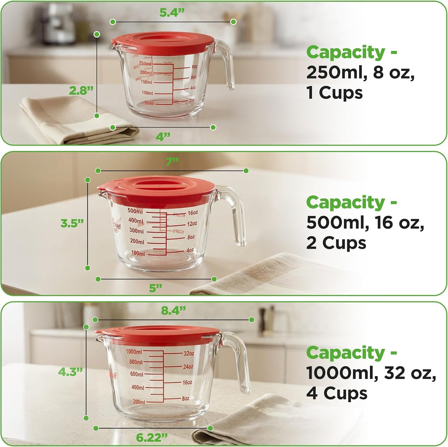 NutriChef Glass Measuring Cup Set - Heat-Resistant Borosilicate with Lids | 1, 2 & 4 Cups (8, 17, 34 oz)