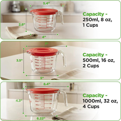 NutriChef Glass Measuring Cup Set - Heat-Resistant Borosilicate with Lids | 1, 2 & 4 Cups (8, 17, 34 oz)