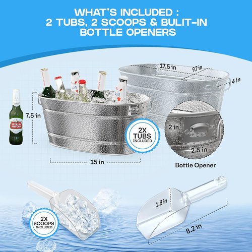 2 Pack Galvanized Tub with Handles - Beverage Tub with 2 Ice Scoops, 3 Gallon Ice Bucket for Parties, Metal Drink Buckets for Parties for Champagne Cocktails Wine Cooling for Mimosa Bar Supplies