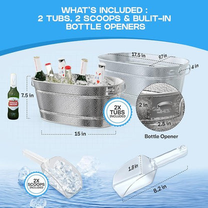 2 Pack Galvanized Tub with Handles - Beverage Tub with 2 Ice Scoops, 3 Gallon Ice Bucket for Parties, Metal Drink Buckets for Parties for Champagne Cocktails Wine Cooling for Mimosa Bar Supplies