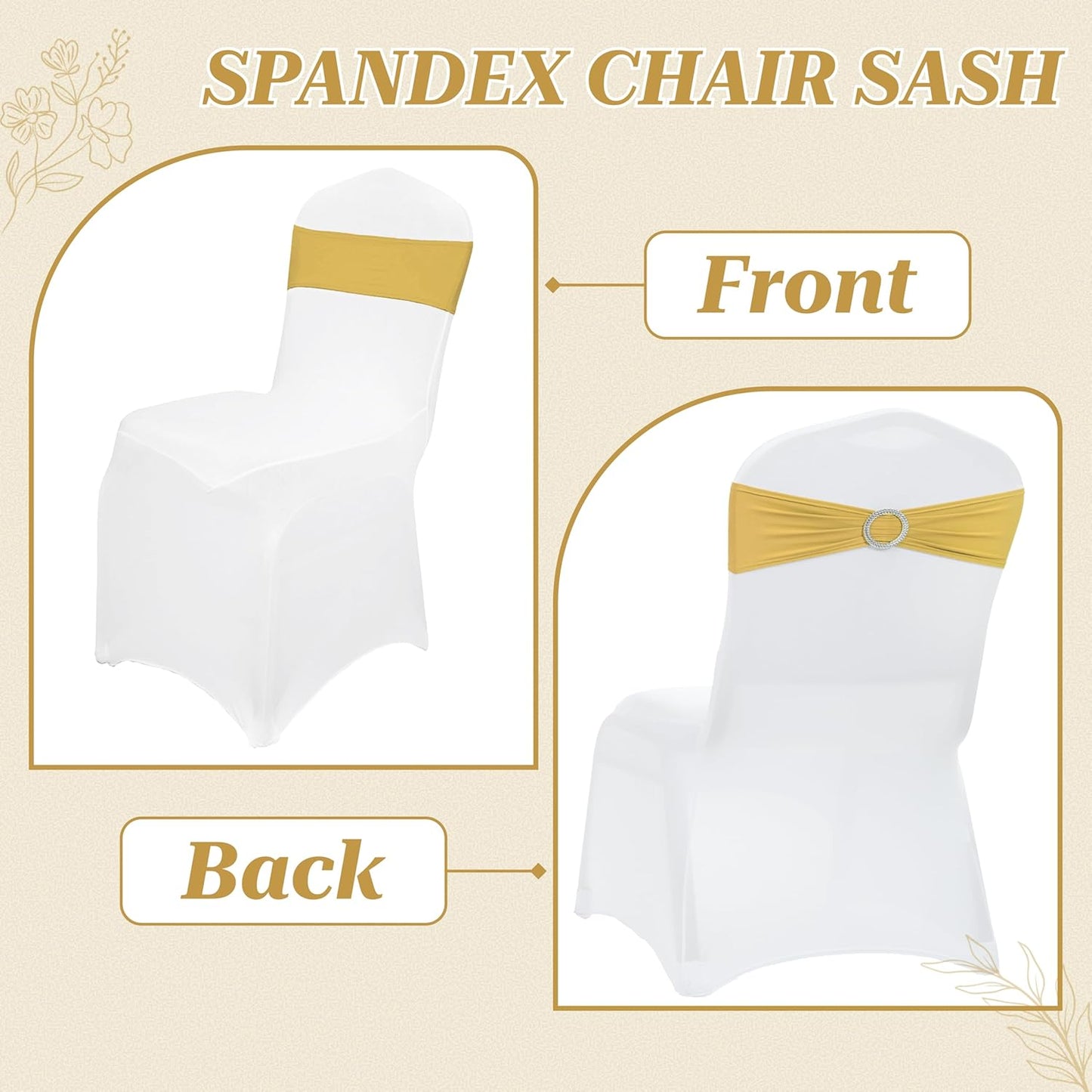 MDS Spandex Chair Sashes Bows - Universal Elastic Stretch Ties with Buckle Slider | Gold, Pack of 200
